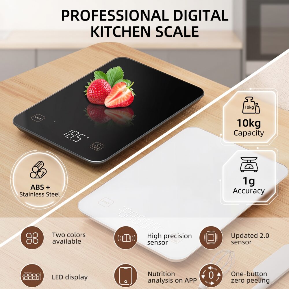 Homslux black tempered glass digital kitchen scale on a wooden countertop showing LED weight readout