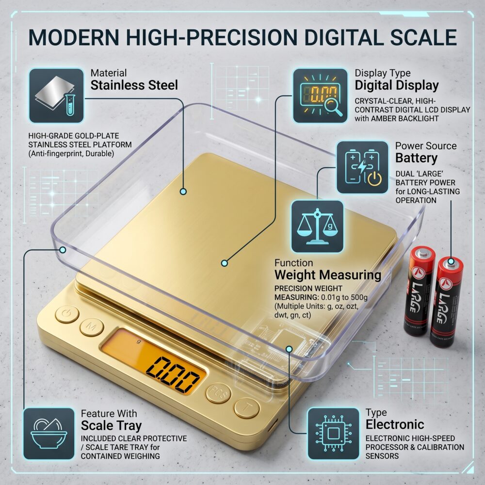 Homslux gold digital kitchen scale with a clear plastic weighing tray on a marble countertop next to a bowl of walnuts