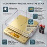 Homslux gold digital kitchen scale with a clear plastic weighing tray on a marble countertop next to a bowl of walnuts