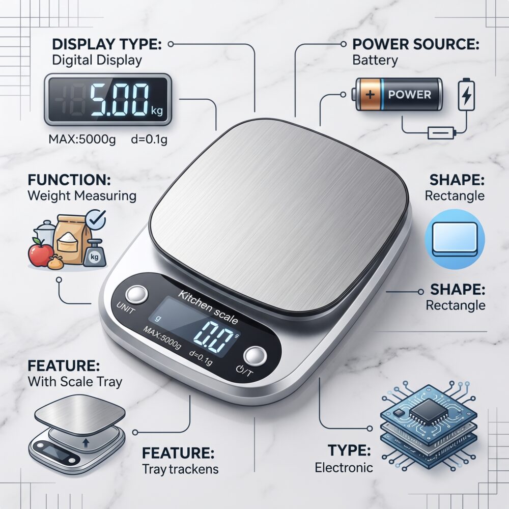 Homslux Kitchen Scale digital food scale with stainless steel platform on a wooden kitchen countertop