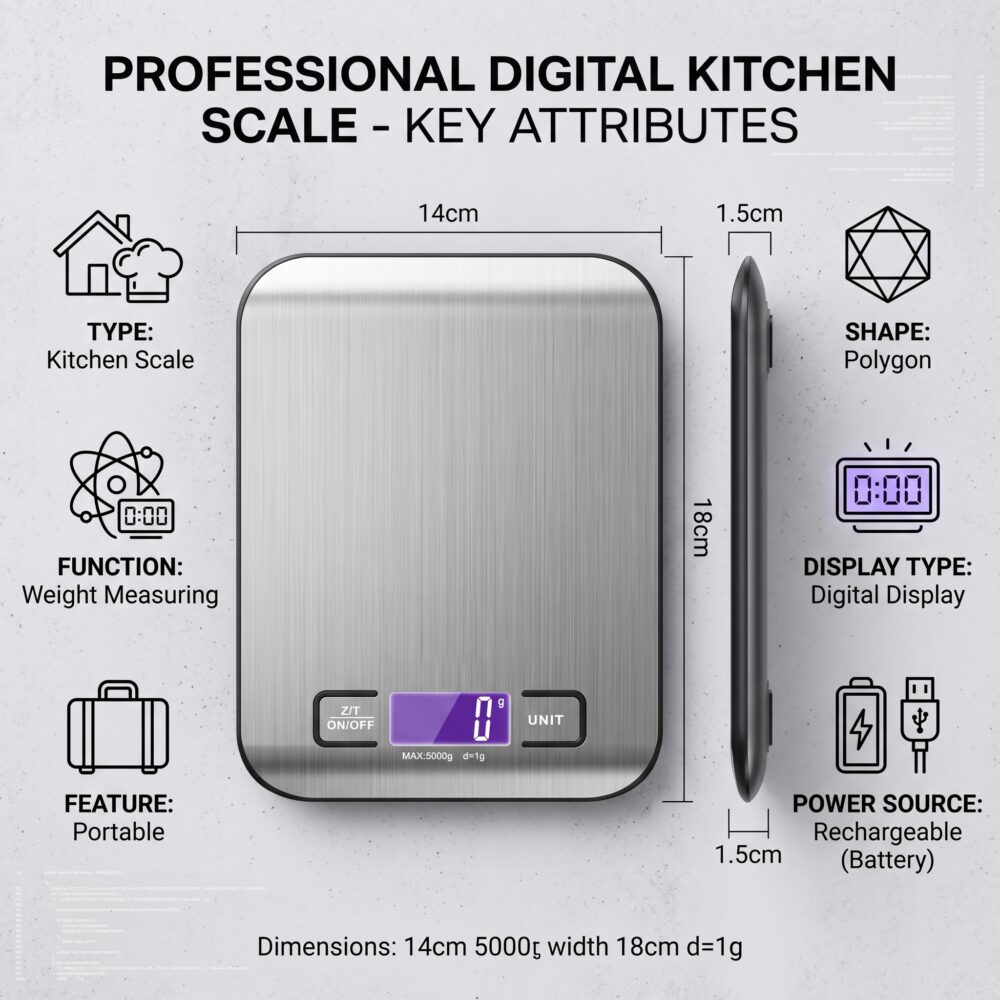 Homslux Kitchen Scale with stainless steel platform and digital display on marble kitchen countertop