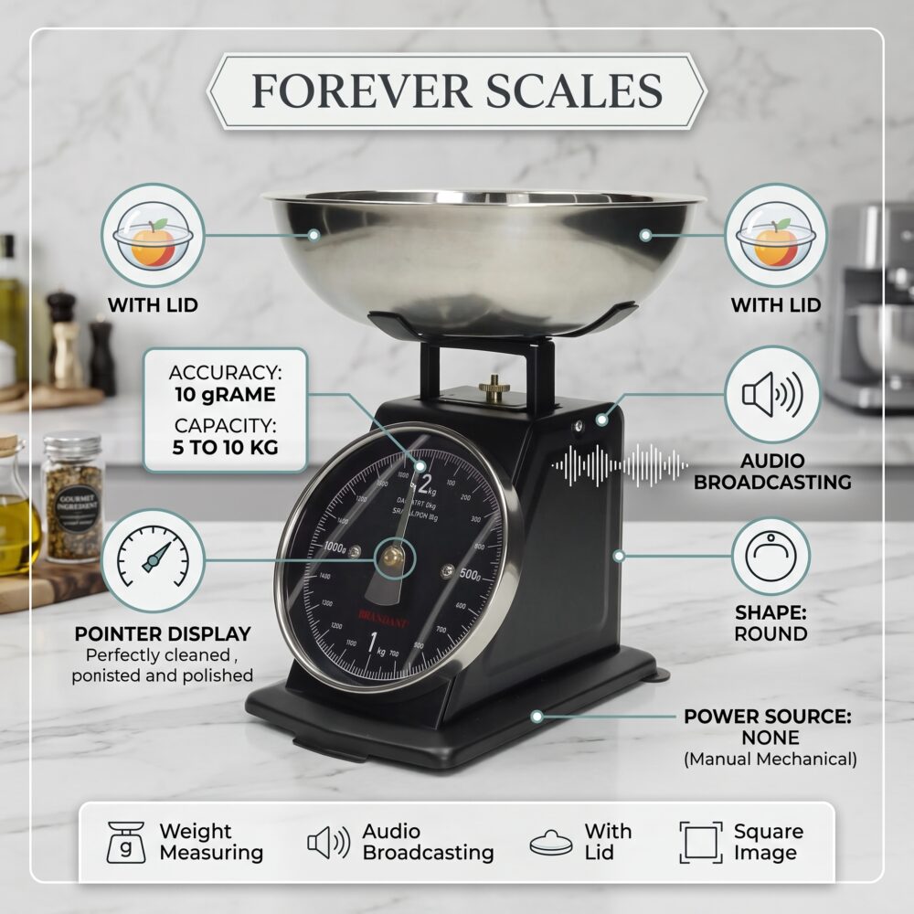 Homslux matte black vintage mechanical kitchen scale with stainless steel bowl on a wooden rustic table next to a bowl of red apples