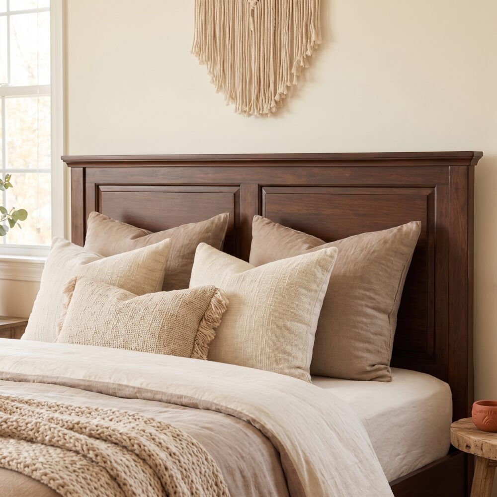Dark walnut brown single bed with a classic paneled wooden headboard and footboard, styled with cream bedding and a textured beige throw in a cozy bedroom.