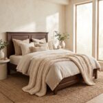Dark walnut brown single bed with a classic paneled wooden headboard and footboard, styled with cream bedding and a textured beige throw in a cozy bedroom.