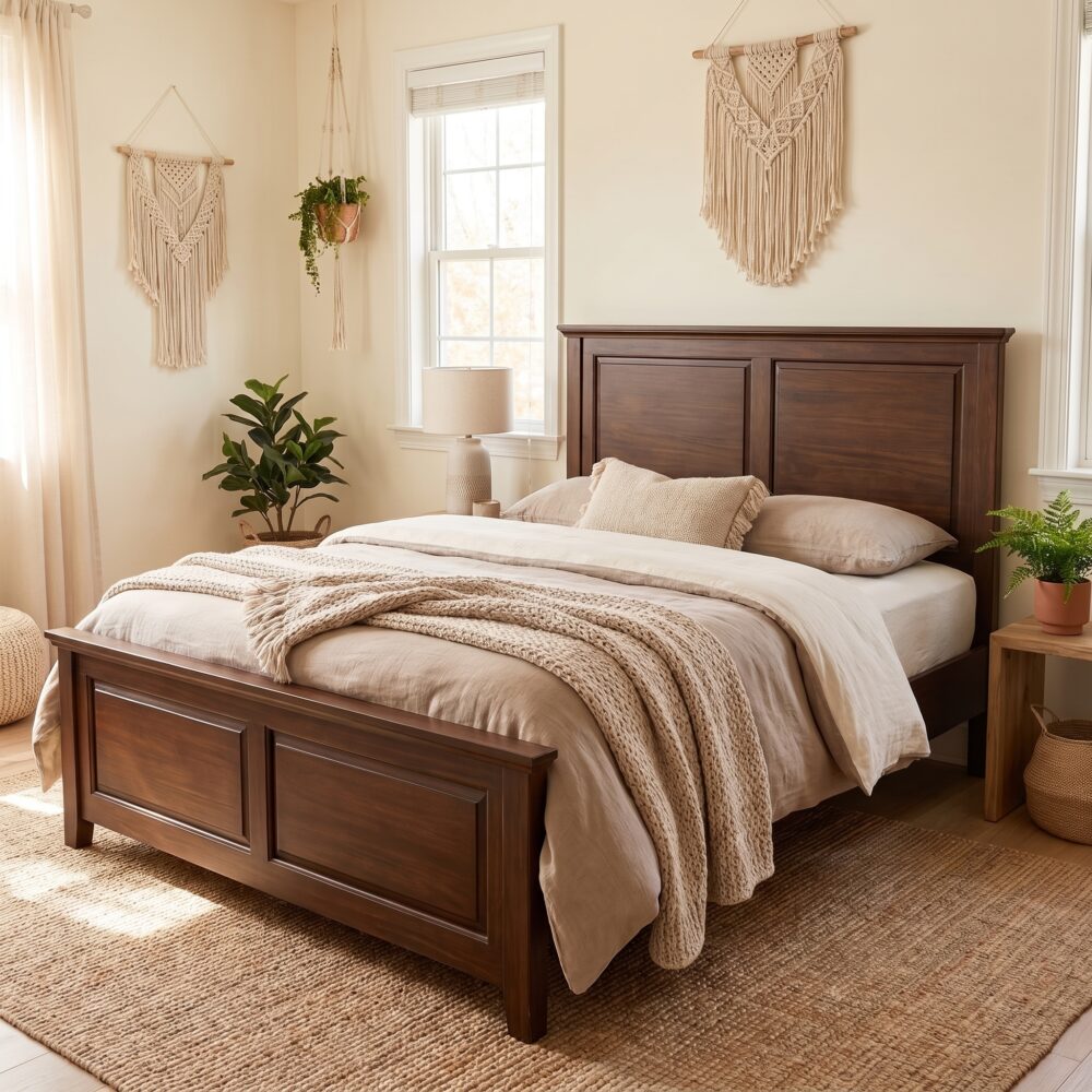 Dark walnut brown single bed with a classic paneled wooden headboard and footboard, styled with cream bedding and a textured beige throw in a cozy bedroom.