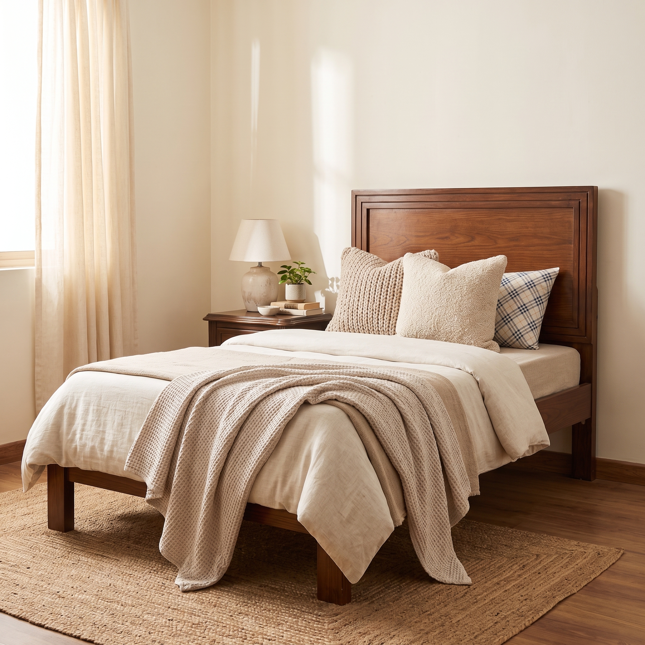 Dark Walnut Single Bed with Modern Framed Panel Headboard Dark walnut brown single bed with a framed rectangular panel headboard, raised wooden-style legs, cream bedding, knitted beige throw, and neutral bedroom décor.