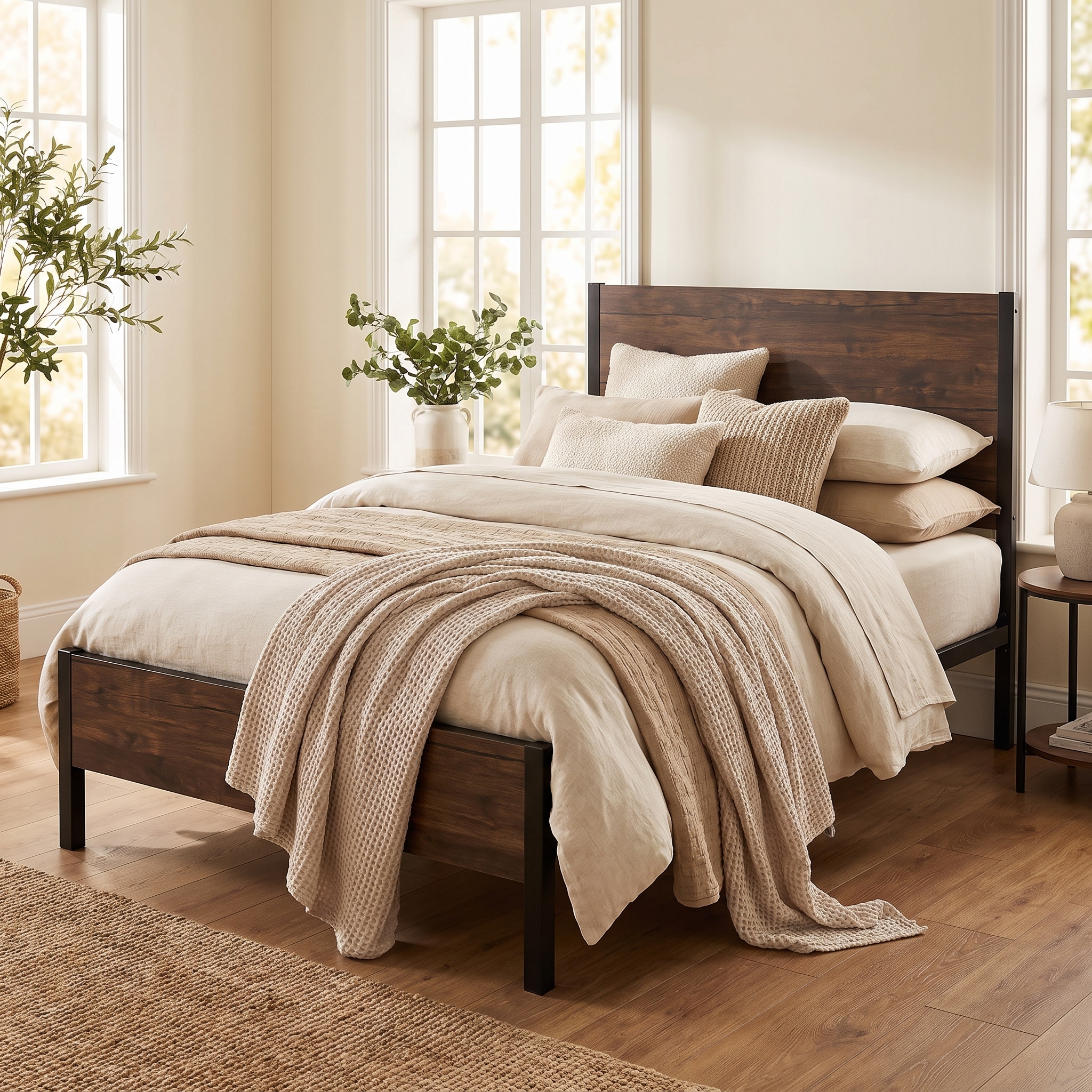 rustic-wood-metal-single-bed-frame.jpg Rustic wood and matte black metal single bed frame styled with neutral beige bedding and waffle throw blanket.