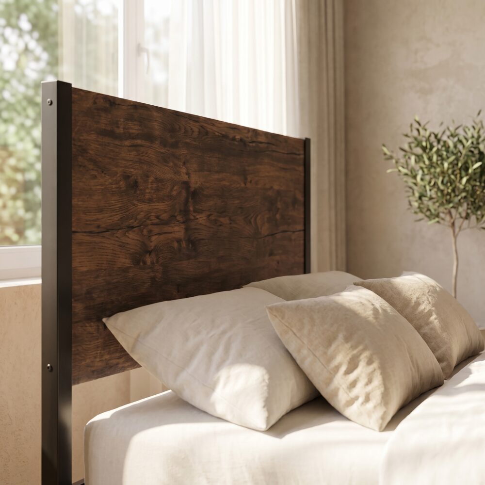Rustic wood and matte black metal single bed frame styled with neutral beige bedding and waffle throw blanket.