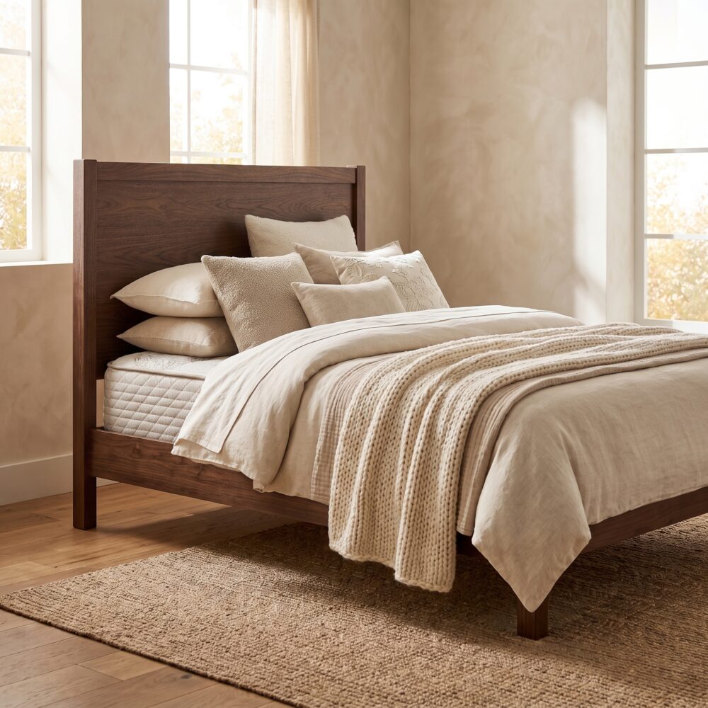 Solid walnut wood single bed frame featuring a tall wooden headboard styled with neutral linen pillows and bedding next to a matching bedside table.