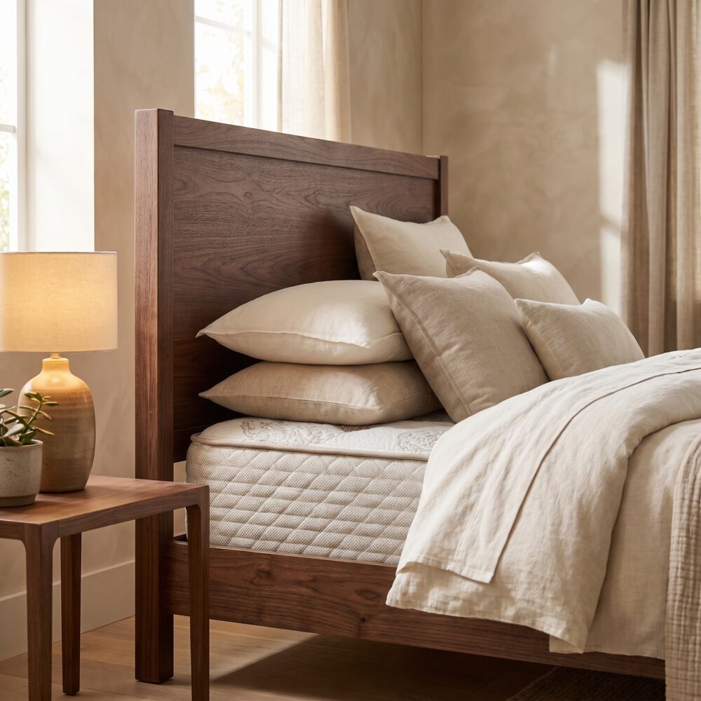 Solid walnut wood single bed frame featuring a tall wooden headboard styled with neutral linen pillows and bedding next to a matching bedside table.