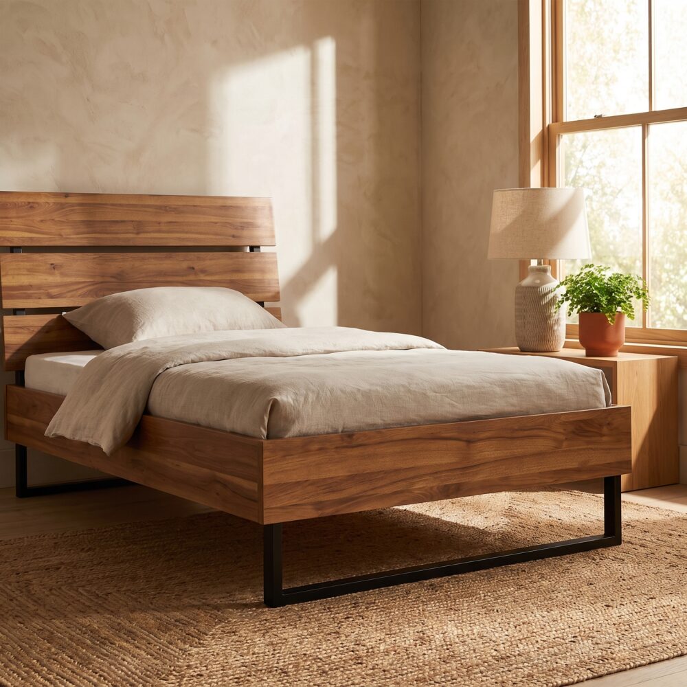 Modern wooden single bed frame with horizontal slatted headboard and black metal sled legs styled in a sunlit bedroom over a woven jute rug.
