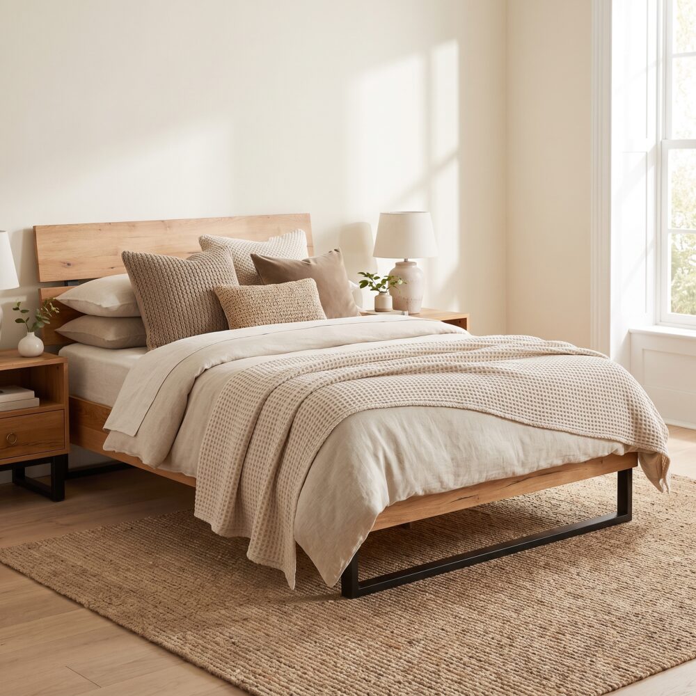Modern wooden single bed frame with horizontal slatted headboard and black metal sled legs styled in a sunlit bedroom over a woven jute rug.