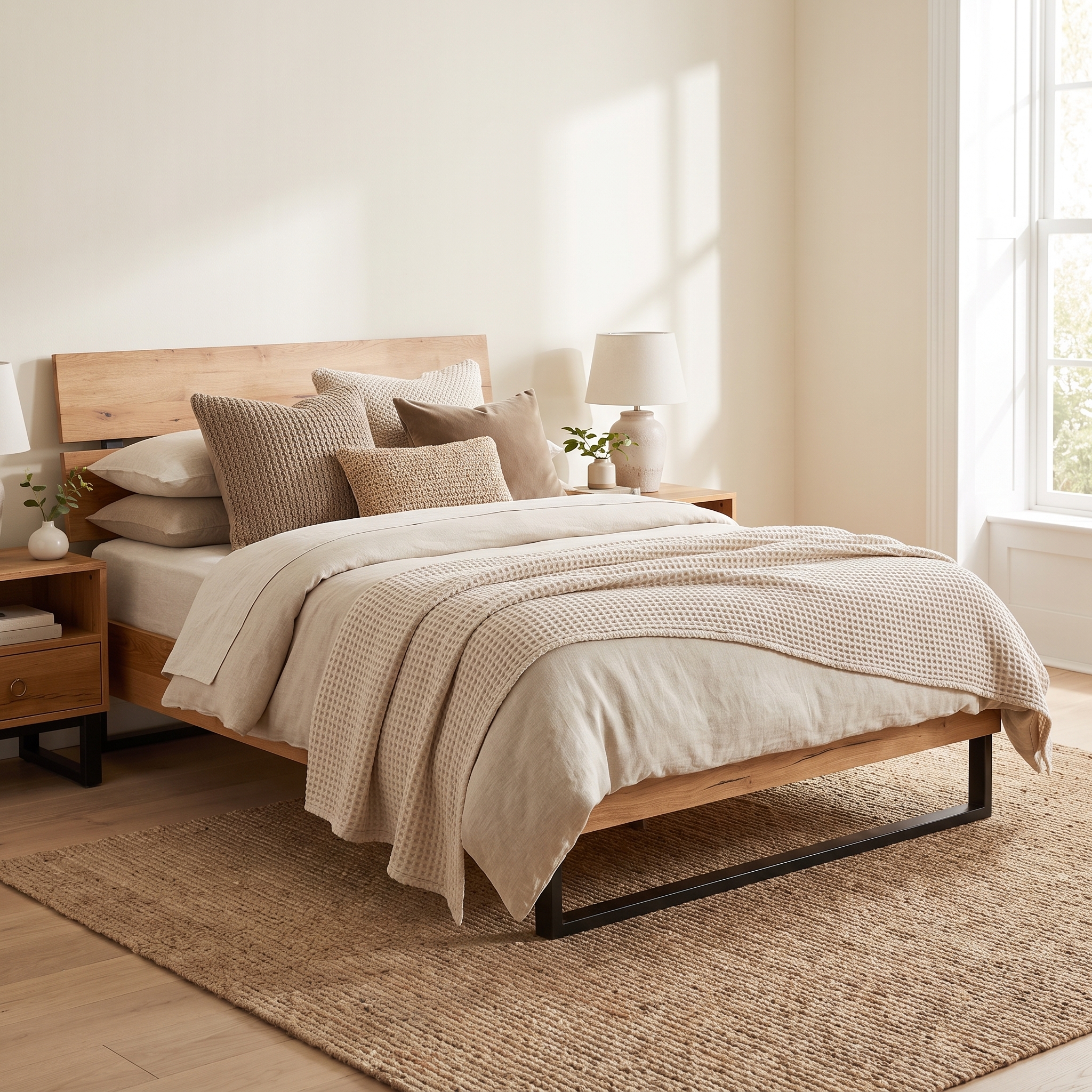 modern-wood-slatted-single-bed-frame.jpg Modern wooden single bed frame with horizontal slatted headboard and black metal sled legs styled in a sunlit bedroom over a woven jute rug.