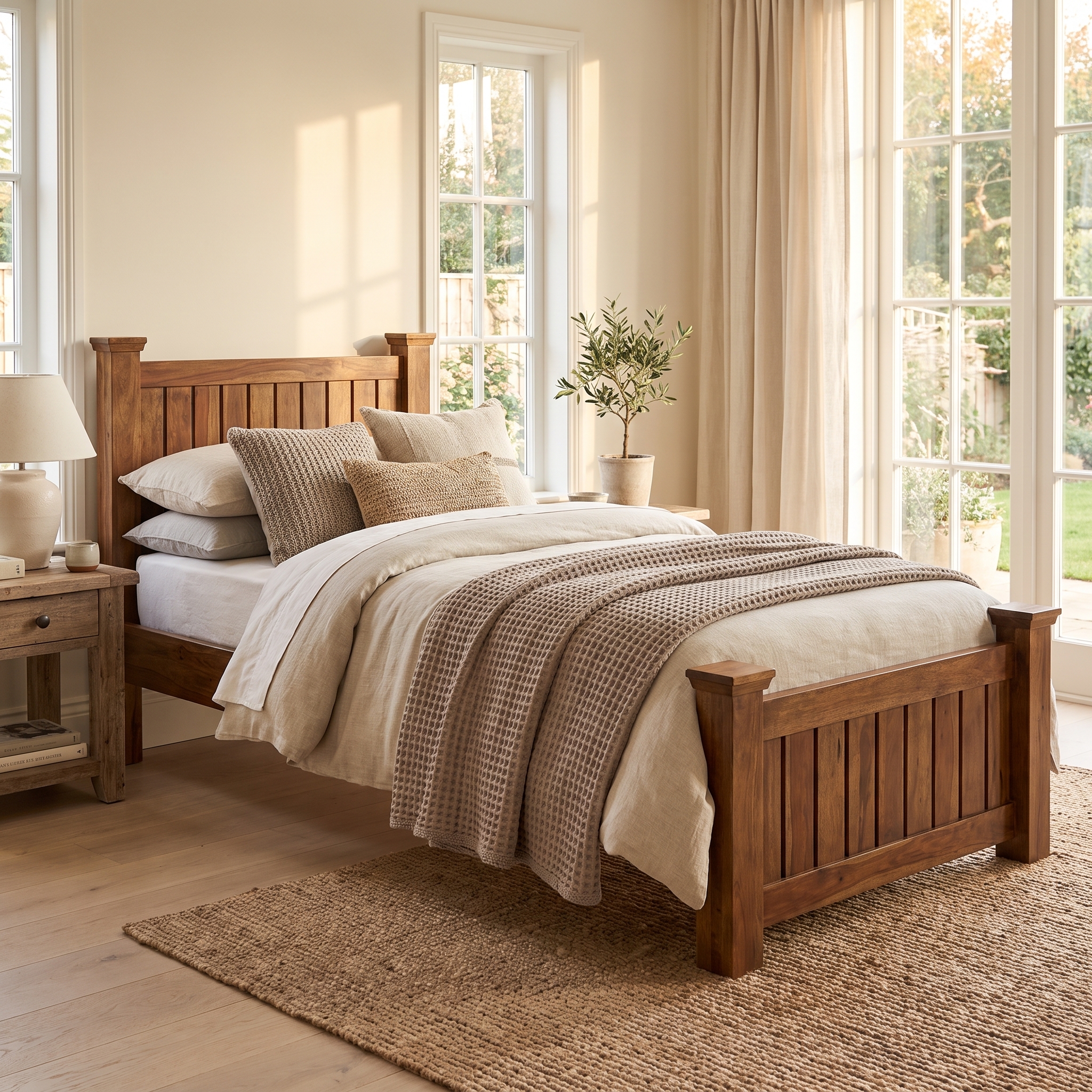 classic-solid-wood-single-bed-frame.jpg Solid wood single bed frame with mission vertical slats on headboard and footboard styled in a bright bedroom next to a nightstand.