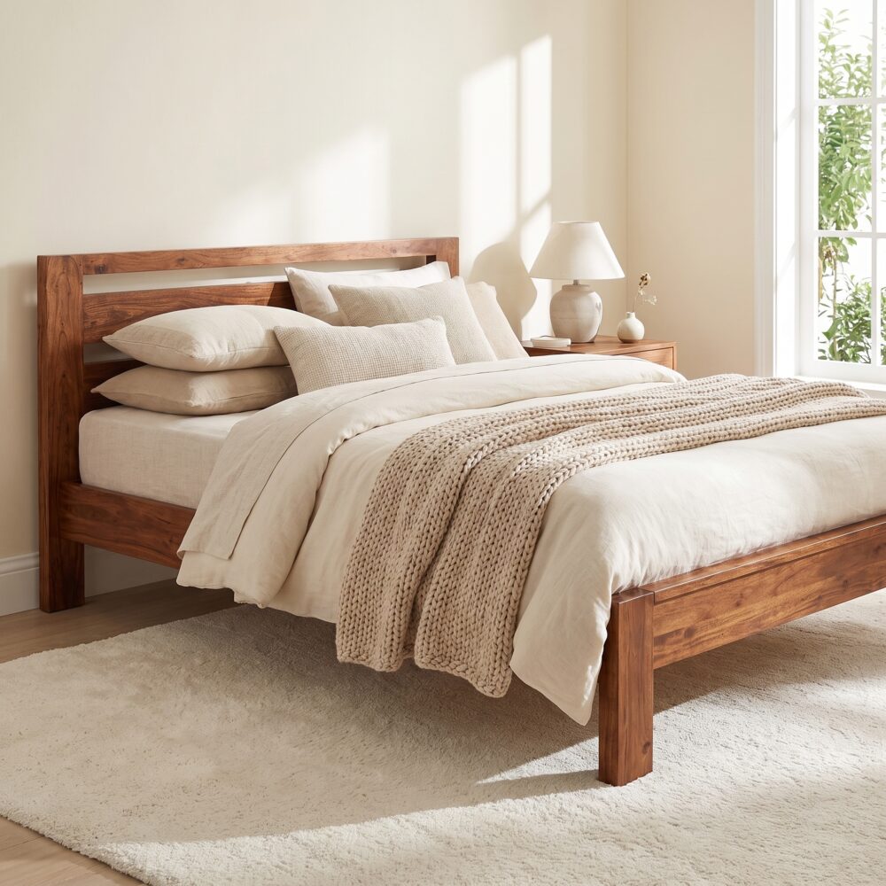 Solid natural wood single bed frame with an open horizontal slatted headboard styled with cozy beige linen bedding and a chunky knit throw blanket.