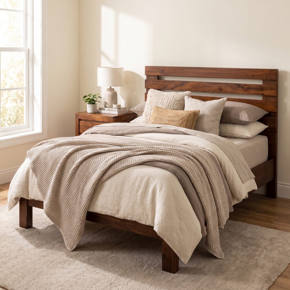 Rustic solid acacia wood single bed frame with horizontal slatted headboard styled with neutral beige waffle bedding in a sunlit bedroom.