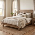 Rustic solid wood single bed frame featuring a horizontal plank headboard styled with beige linen sheets and a sage green accent pillow.