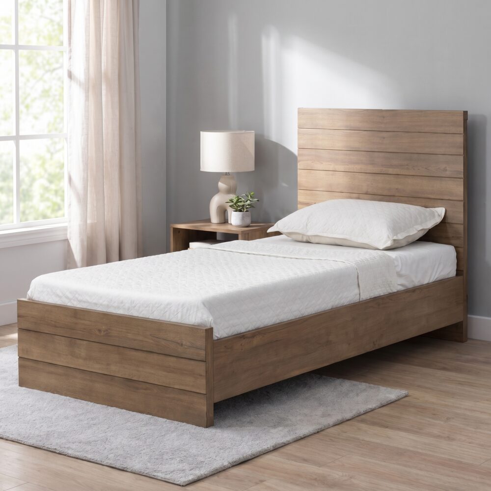 Rustic solid wood single bed frame featuring a horizontal plank headboard styled with beige linen sheets and a sage green accent pillow.