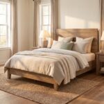 Rustic solid wood single bed frame featuring a horizontal plank headboard styled with beige linen sheets and a sage green accent pillow.