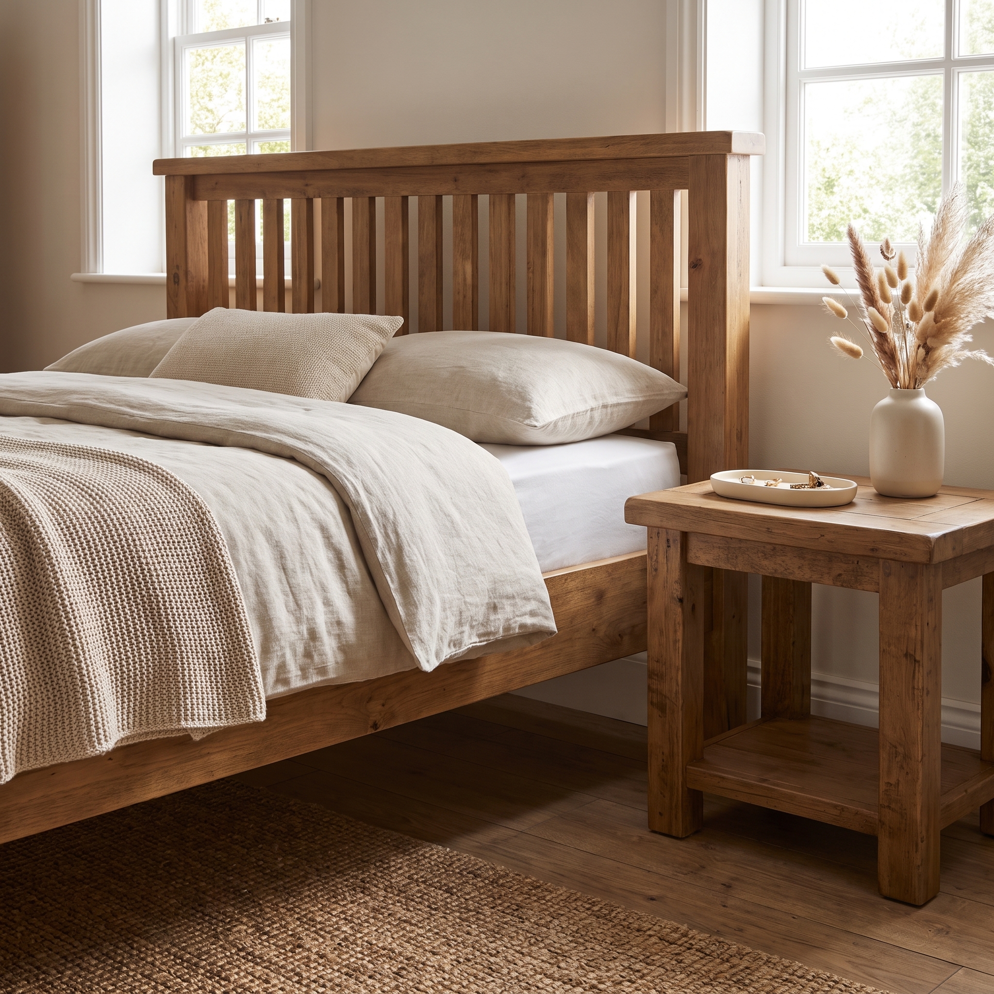 solid-oak-slatted-single-bed-frame.jpg Rustic solid oak wood single bed frame featuring a vertical slatted headboard styled with beige linen bedding next to a matching oak nightstand.