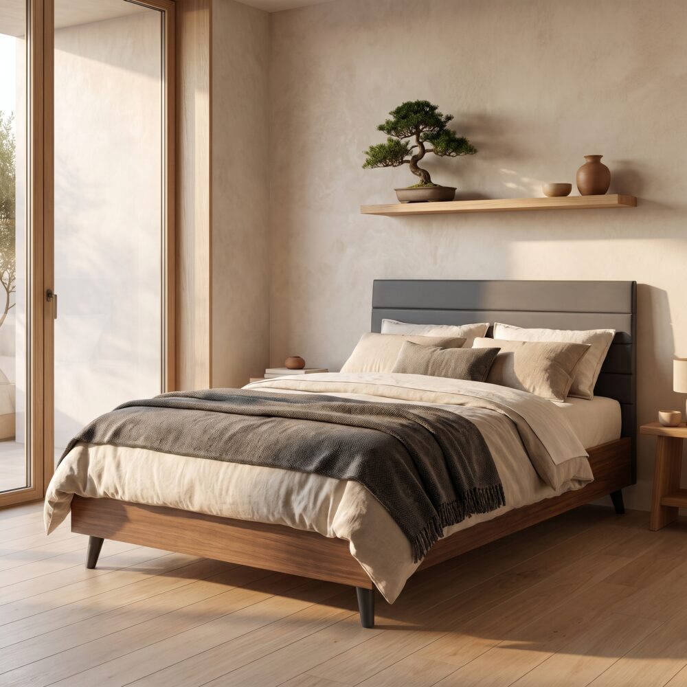 Japandi style single bed frame with charcoal horizontal upholstered headboard and warm walnut rails in a minimalist sunlit bedroom.
