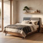 Japandi style single bed frame with charcoal horizontal upholstered headboard and warm walnut rails in a minimalist sunlit bedroom.