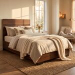Modern walnut wood single bed frame with matching solid headboard and footboard styled with light beige bedding in a sunlit bedroom.