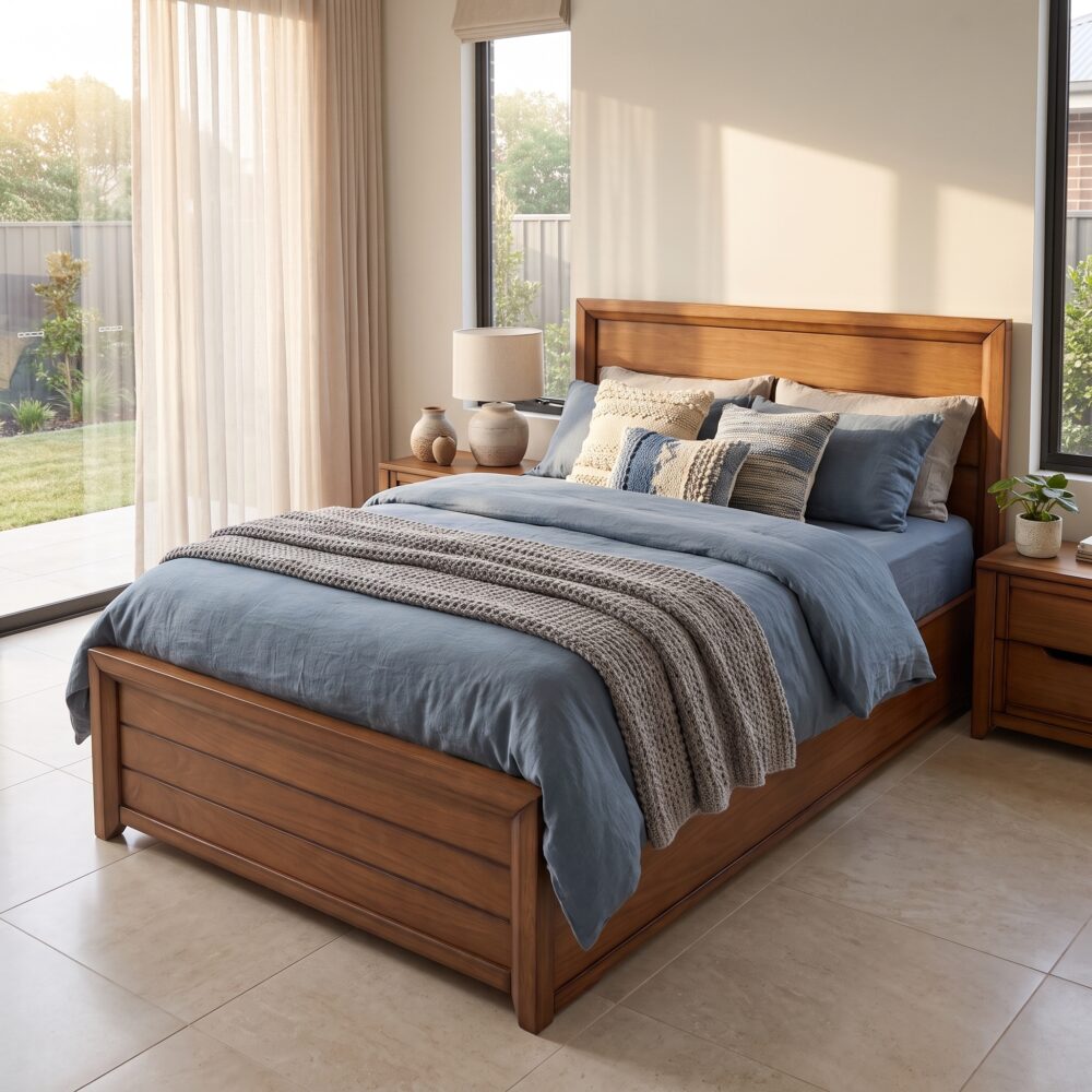 Wooden single bed frame with hydraulic gas-lift mechanism open showing folded blankets and towels stored inside under-bed compartment.